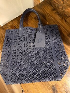 Tory Burch Navy Laser Cut Leather Tote with Logo Tag